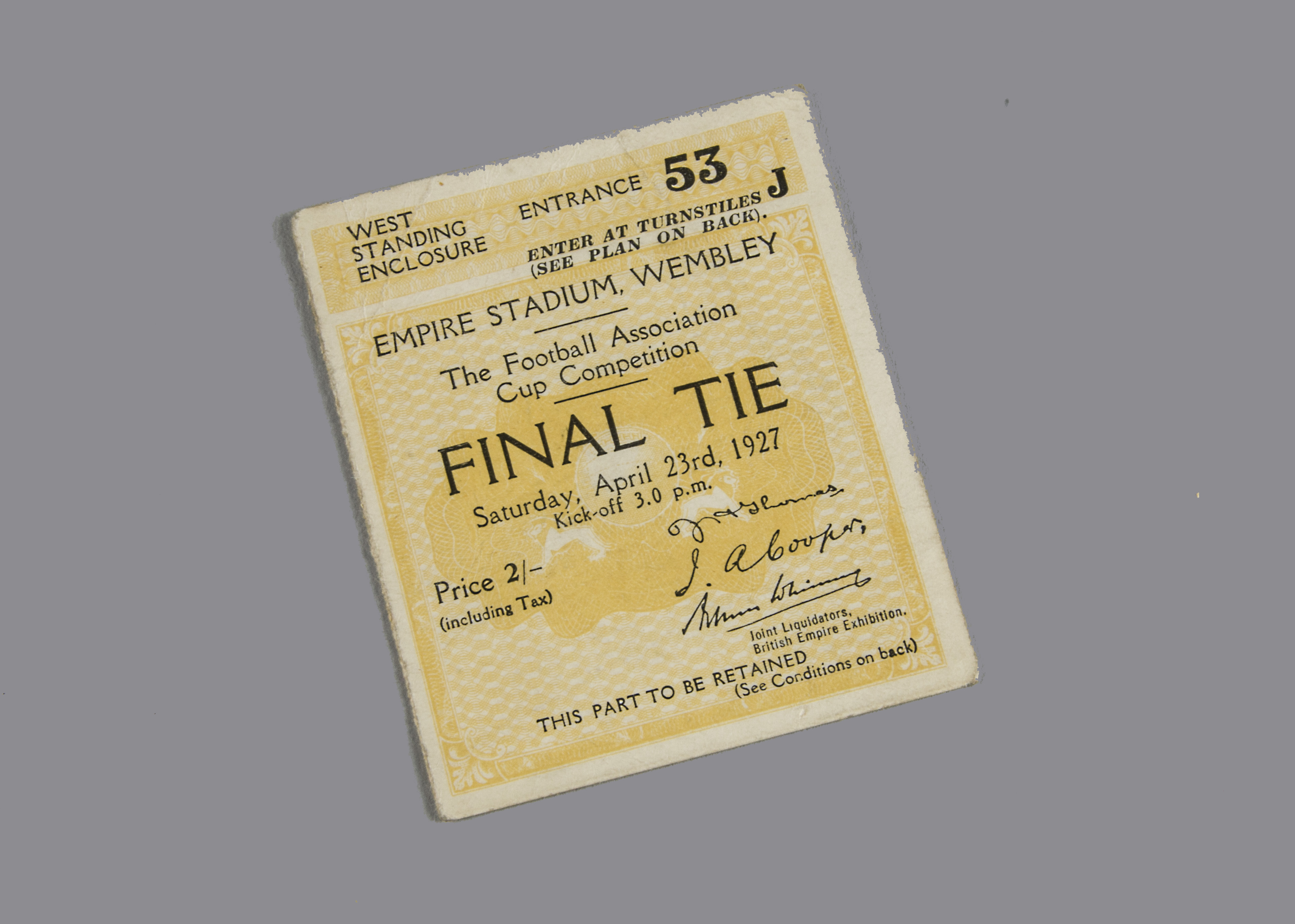 1927 Cup Final,  one 'part retained' ticket for Wembley final west standing enclosure, Saturday April 23rd 1927 Cardiff beat Arsenal 1-0